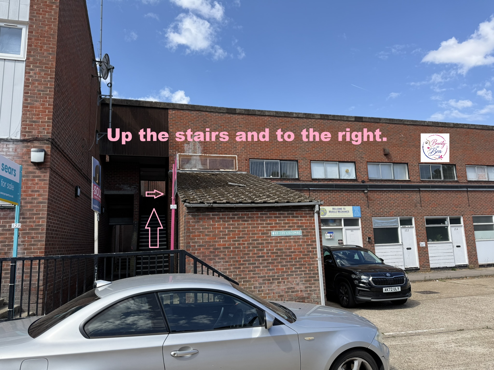 Entrance to Liscombe industrial units — up the stairs and to the right