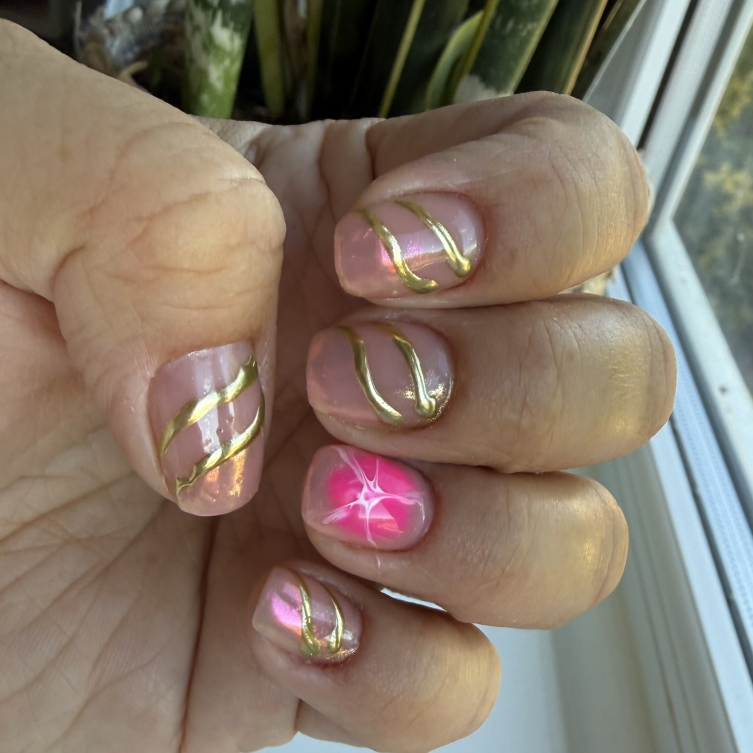 Pink gold swirl nail art by Beauty by Bea Studio